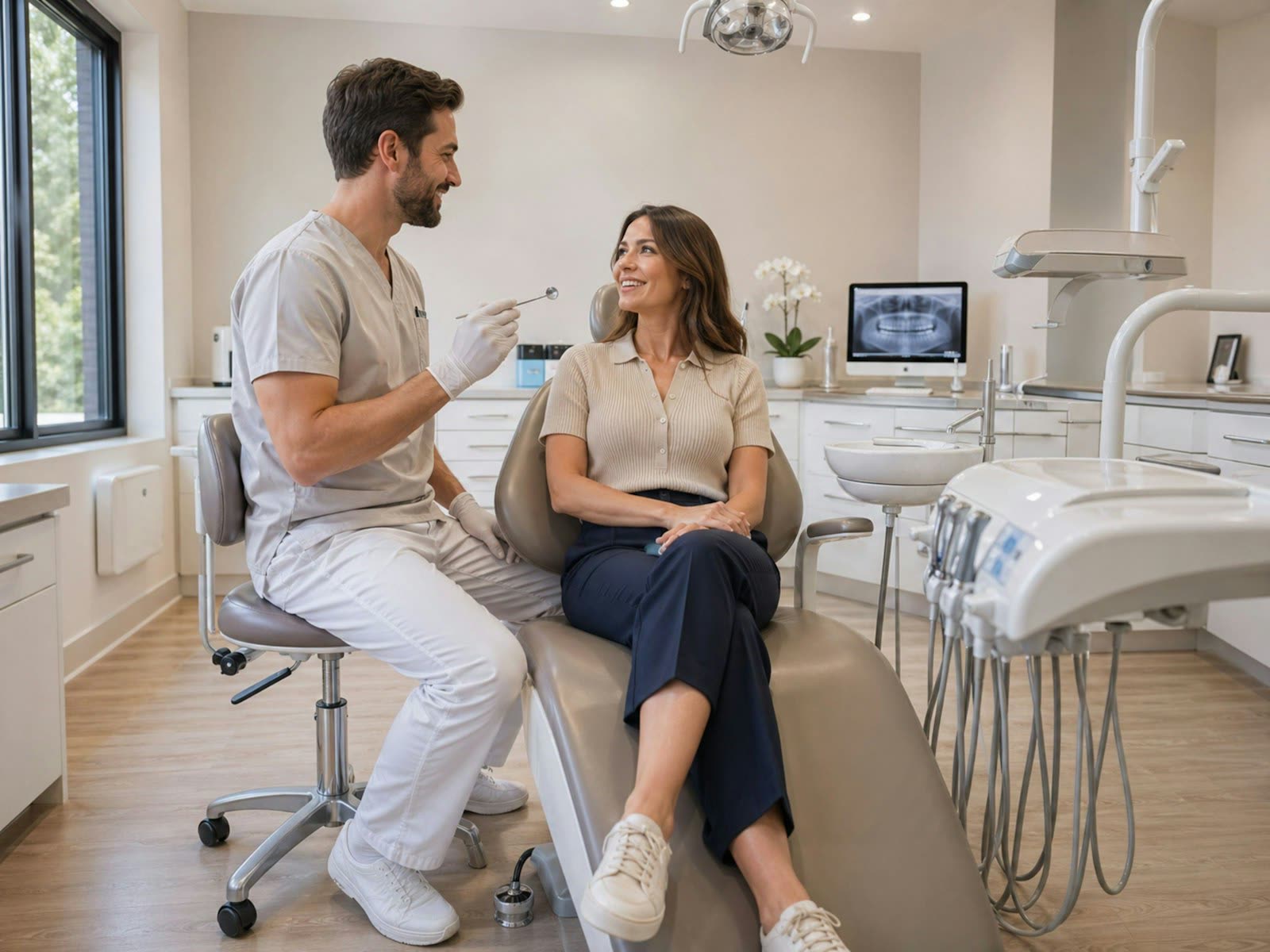 Chirurgien-dentiste échangeant avec une patiente au fauteuil